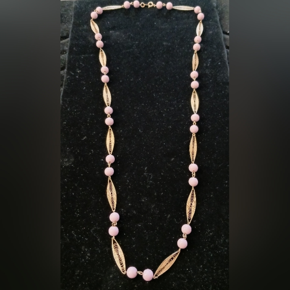 Vintage Trifari Filigree & Pink Bead Chain Necklace